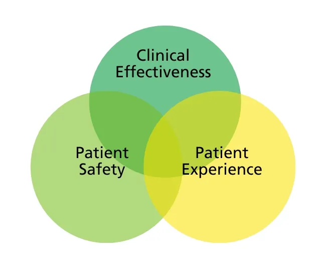 Venn diagram showing clinical effectiveness, patient safety and patient experience overlap.