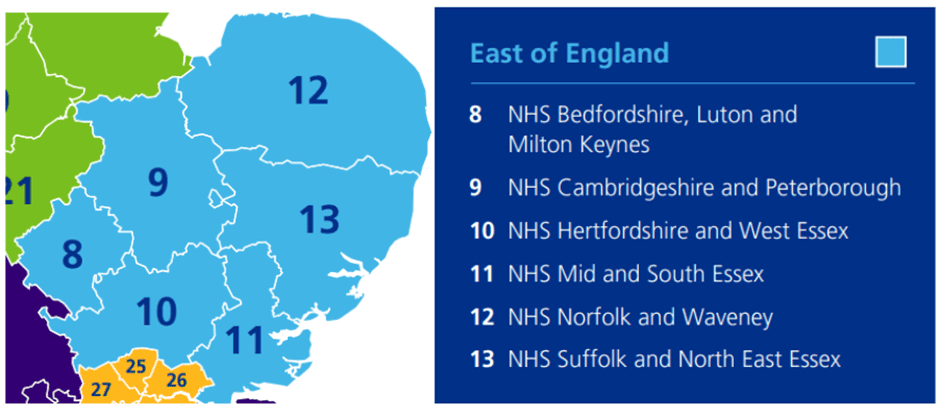 Map showing the east of England Integrated Care System coverage area