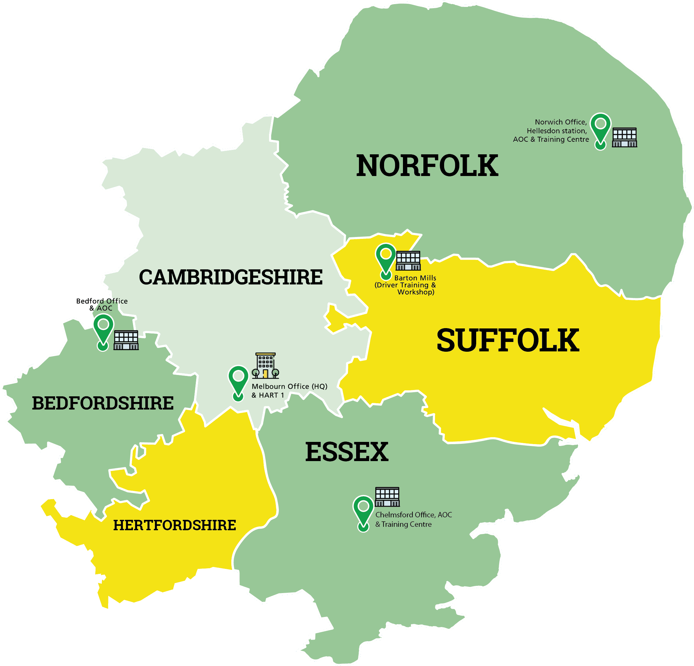 A map of the EEAST Trust coverage area