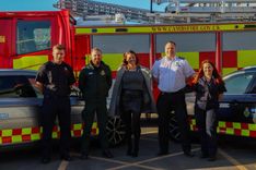 Joshua Berrisford, Tom Barker, Jo Fletcher, Scott Fretwell and Megan Cantwell stood in front of fire engine
