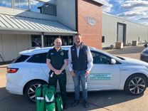 Community First Responder Tom Morrison and  David Eszenyi, Commercial Director at Ivor Searle