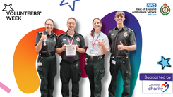 Four ambulance service staff give thumbs up in a Volunteers’ Week graphic, with NHS and East of England Ambulance Service logos and charity branding on a colourful background.