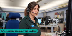 Career for life recruitment banner, showing an emergency call handler at their desk taking a call, with the wording 